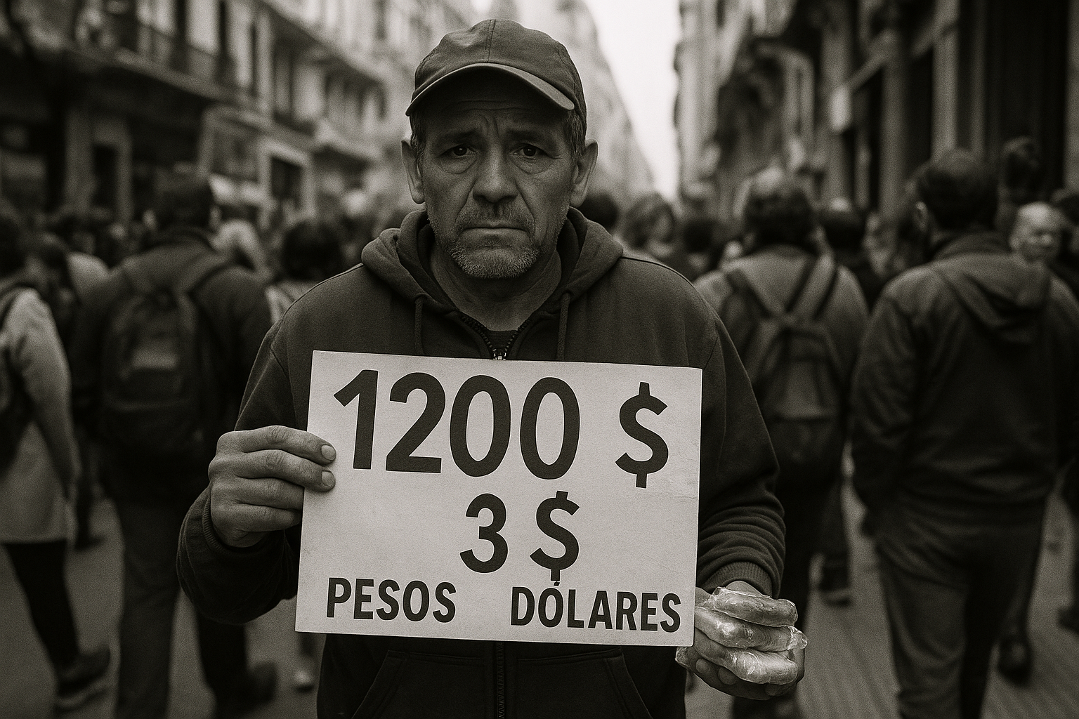 Un vendedor ambulante en Buenos Aires muestra los precios de sus productos en pesos y dólares