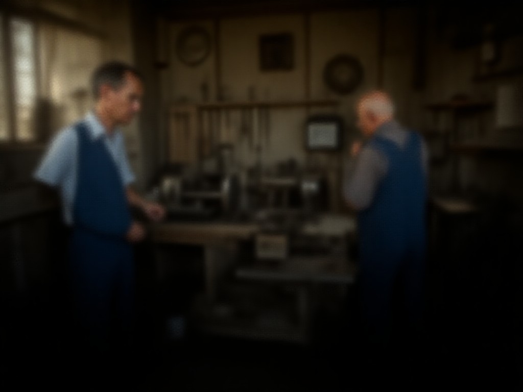 Dos operarios trabajan en un taller metalúrgico pequeño con torno y calibre bajo luz de tarde