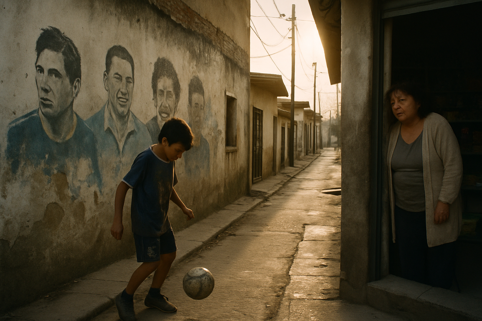 Un chico entrena fútbol en una calle de barrio con un mural descascarado, mientras una mujer observa desde la puerta de un almacén.