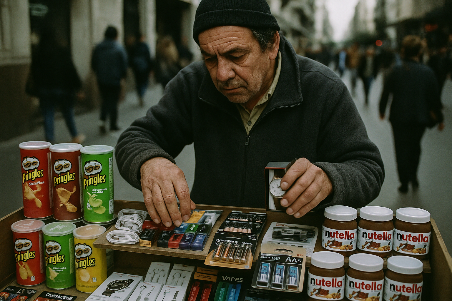 Un vendedor ambulante en Buenos Aires vendiendo productos importados