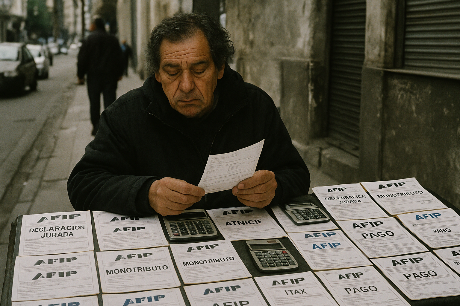 Un vendedor ambulante en Buenos Aires rodeado de documentos y calculadoras