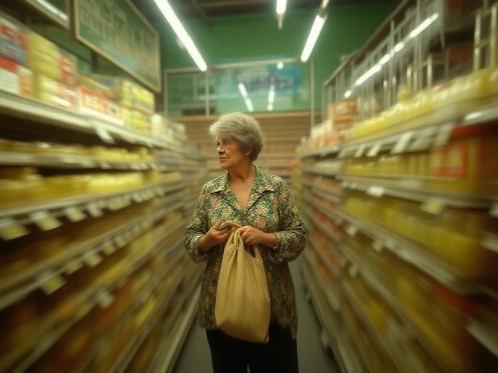Mujer revisando precios de aceite en góndola de supermercado porteño bajo luz fluorescente