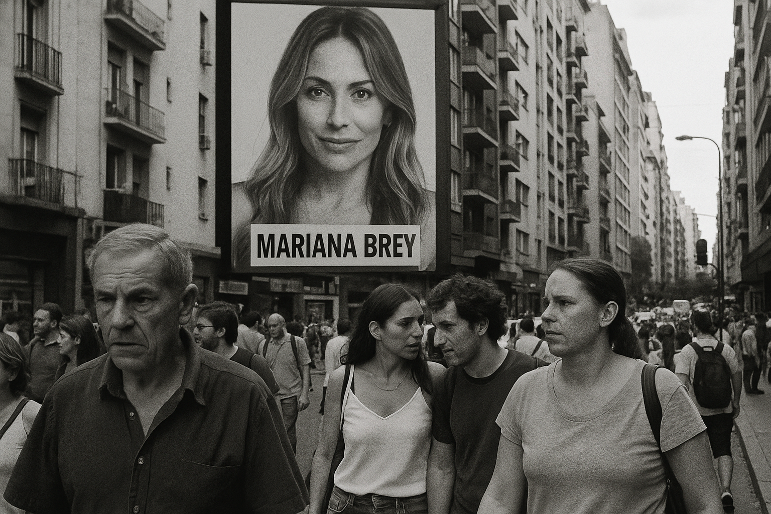 Una calle concurrida en Buenos Aires con una valla publicitaria de Mariana Brey
