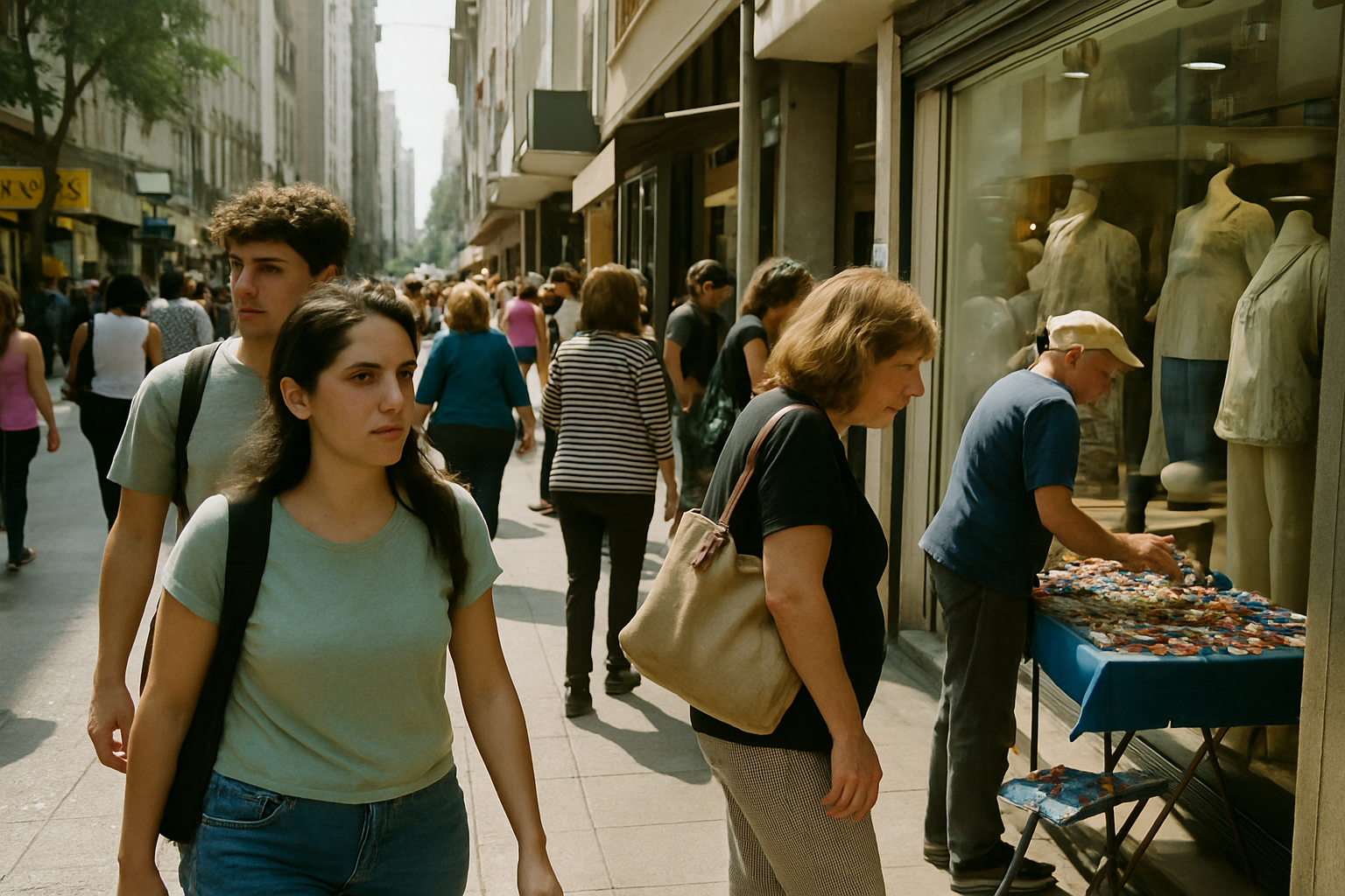 Gente en una calle comercial de Buenos Aires, mirando escaparates y comprando.
