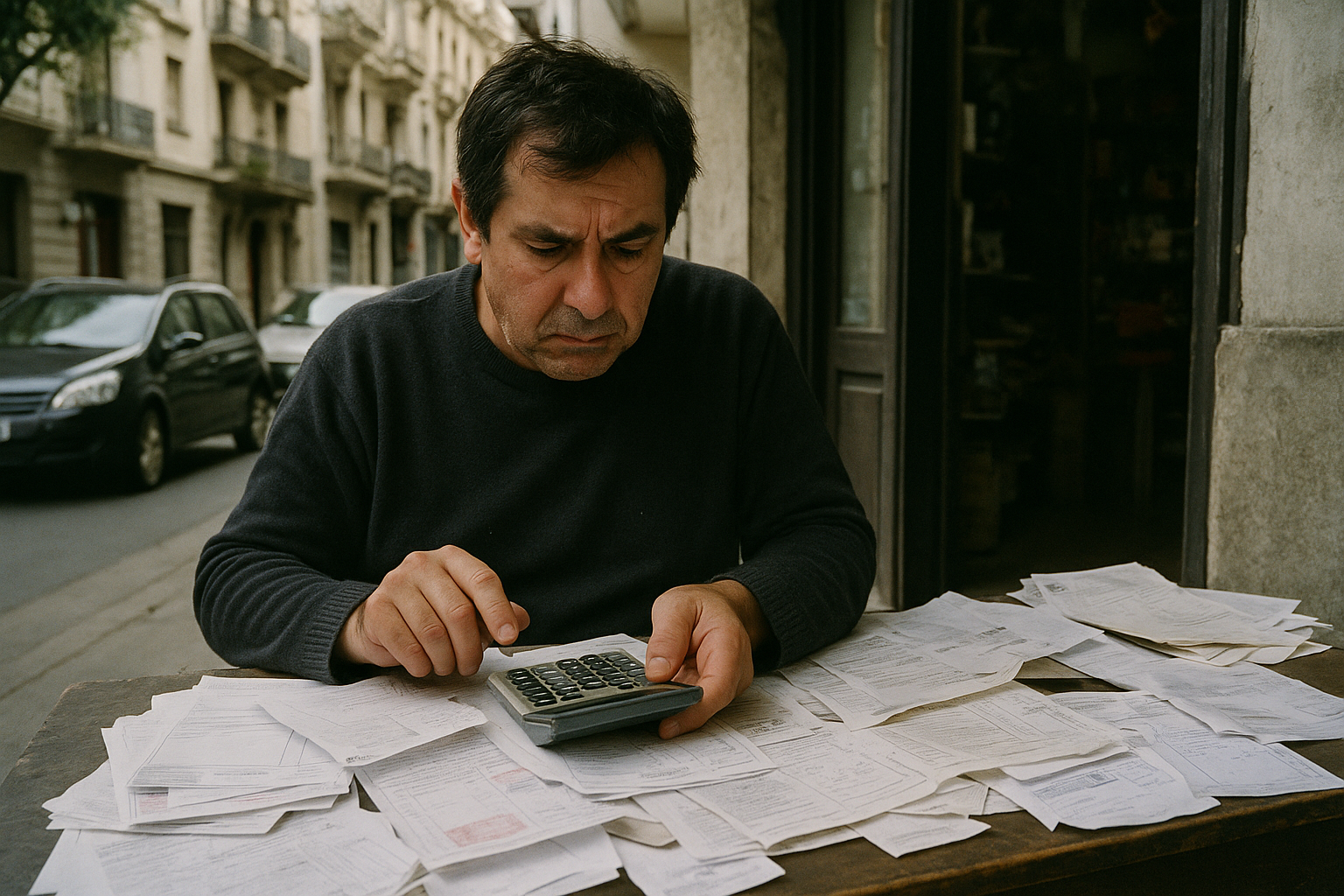 Un pequeño empresario en una calle de Buenos Aires, rodeado de papeles y facturas, mirando una calculadora con expresión preocupada