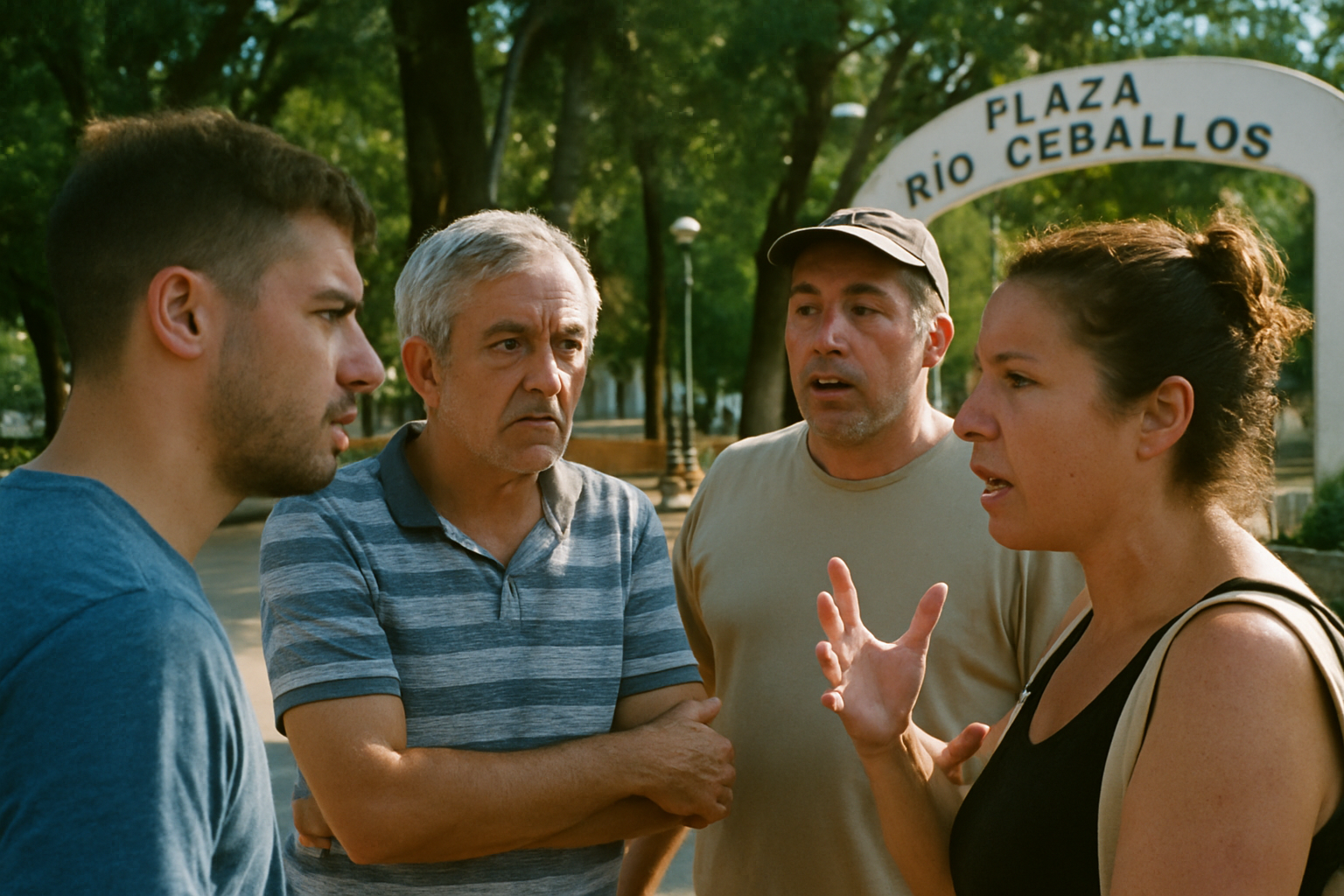 Un grupo de personas debatiendo en una plaza pública con árboles de fondo.