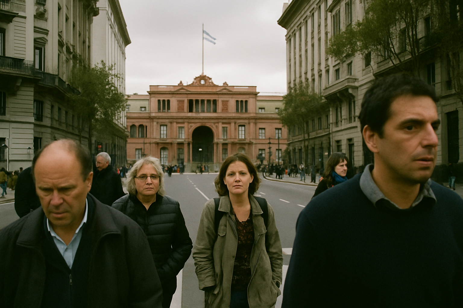 Una calle de Buenos Aires con personas caminando y un edificio del gobierno en el fondo
