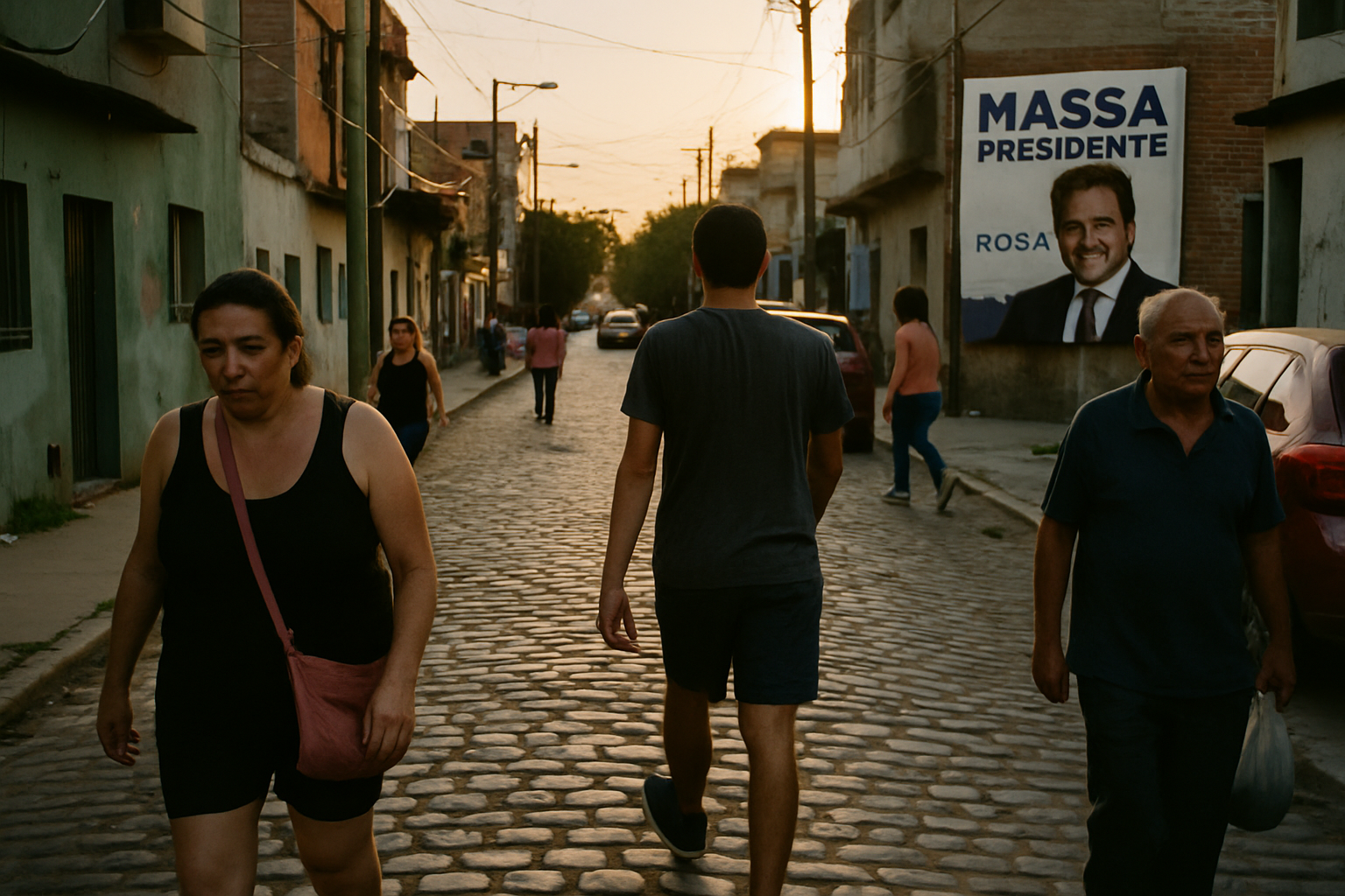 Gente caminando en una calle empedrada con un cartel de campaña electoral
