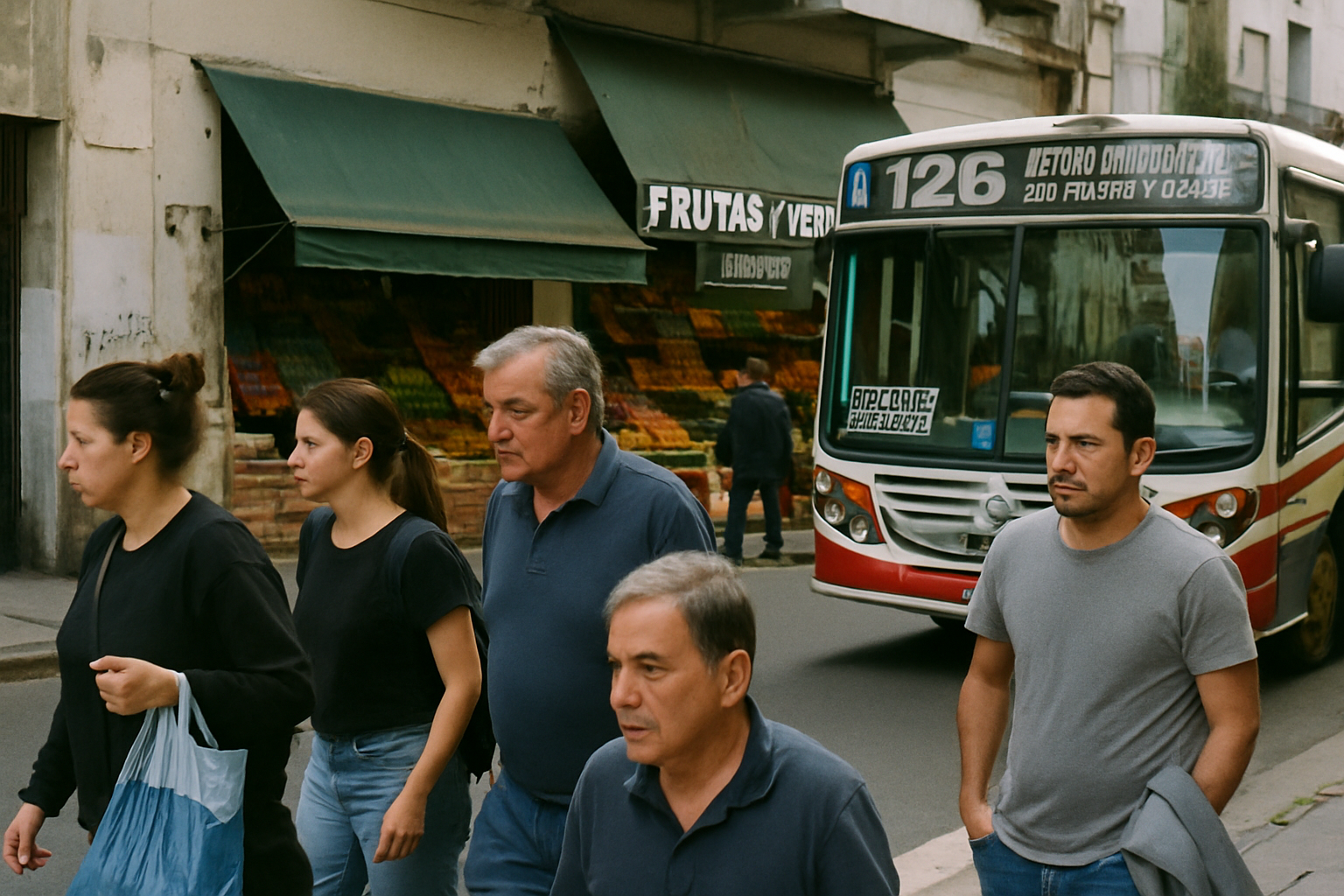 Ciudadanos en una calle de Buenos Aires, con un colectivo y un mercado de fondo.